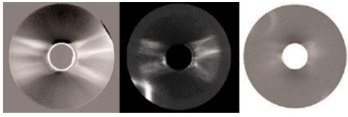 Figure 2: Images of solar eclipse captured by PIXIS: 1024BR (from left to right): Broadband image, images through around